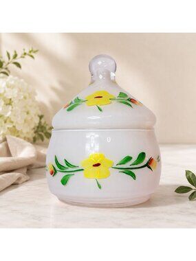 Milk Glass Covered Candy Dish VTG Apothecary Trinket Jar Cottagecore Vanity Deco